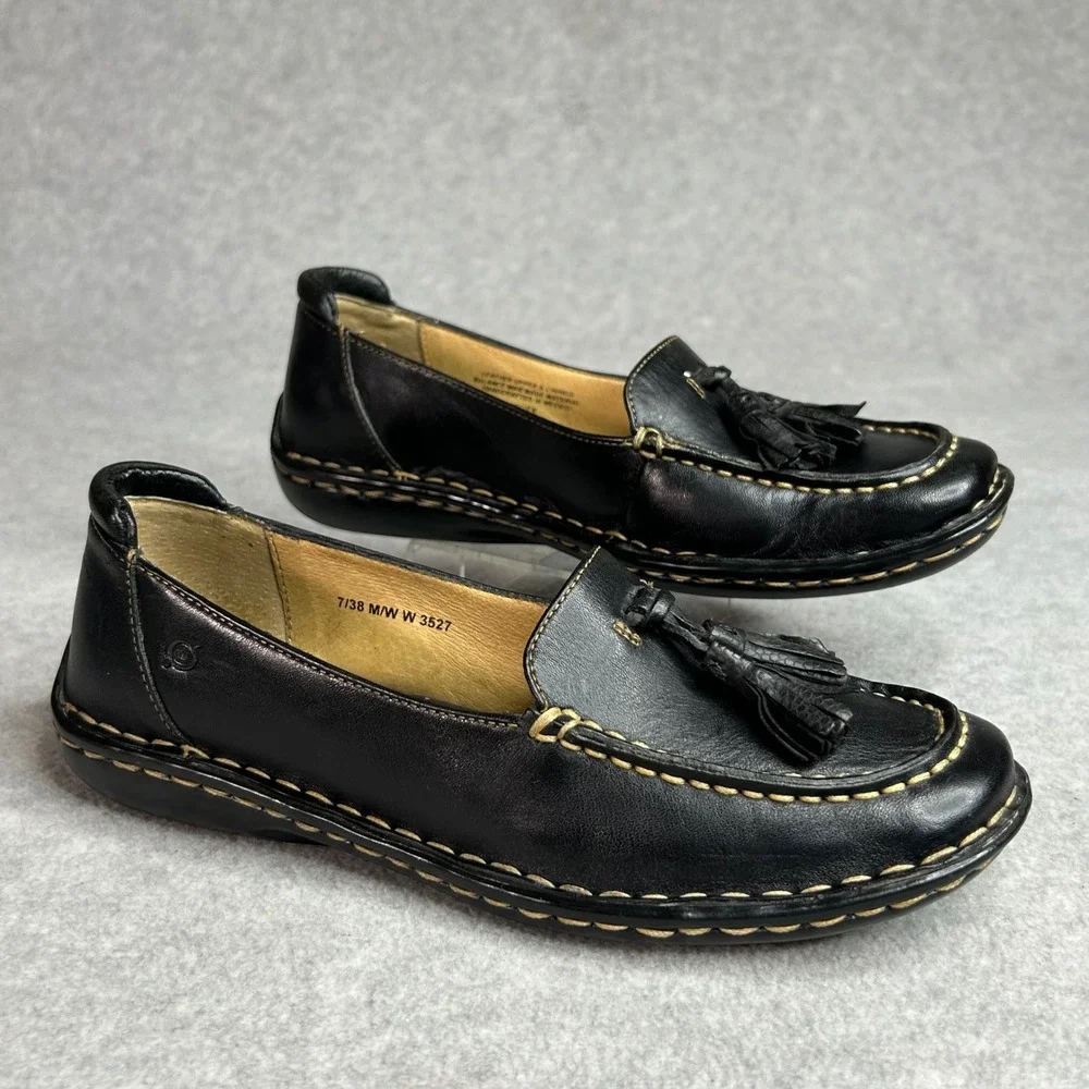 Born Black Leather Loafers Tassel Accent Stitching Comfort Slip On Shoes Women 7